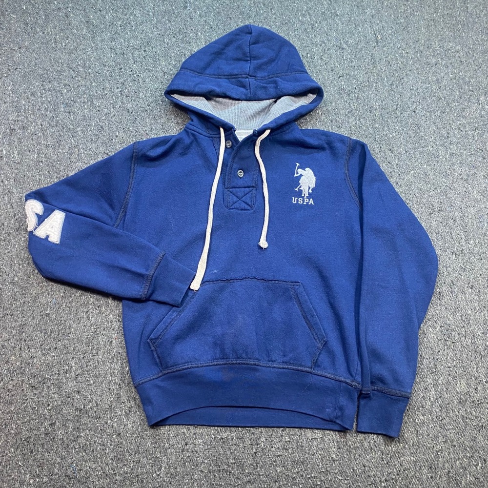 Ralph Lauren Polo Hoodie Sz M Mens Blue Skater USA Patch Henley Pullover